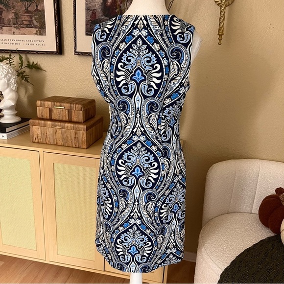 J.Mclaughlin Sleeveless Scuba Dress Size S Blue Paisley Square Neckline - Picture 3 of 7